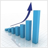 blue bar graph with curved up arrow